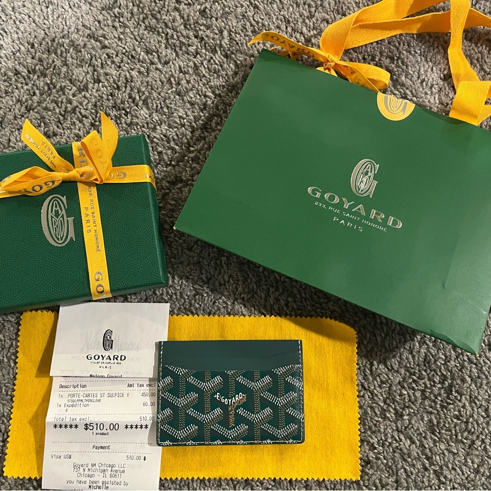 Goyard Green Card Holder with White and Yellow Accents